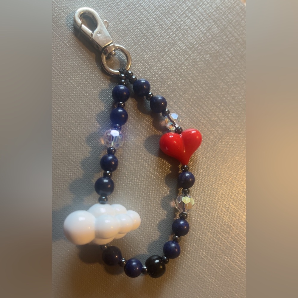 Heart and Cloud Beaded phone charm or bag charm  - Red, White, Blue